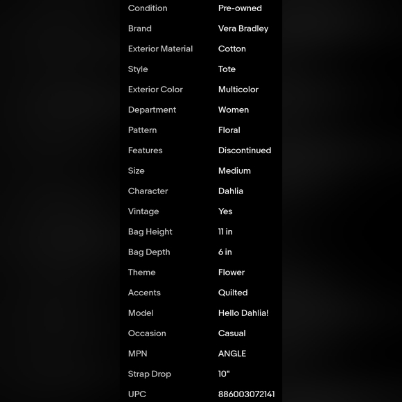 Vera Bradley Angle Tote Hello Dahlia! Purse Handbag ~ Discontinued - Picture 6 of 6